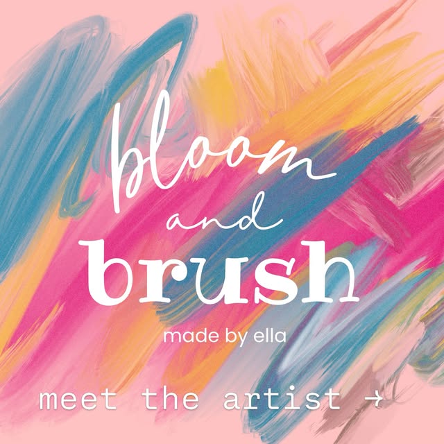 Bloom and brush, made by Ella, over colorful brush strokes
