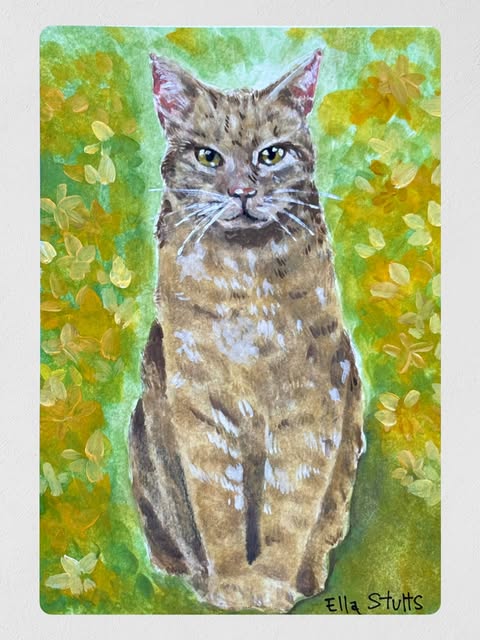 Watercolor portrait of a tabby cat on a green and gold background